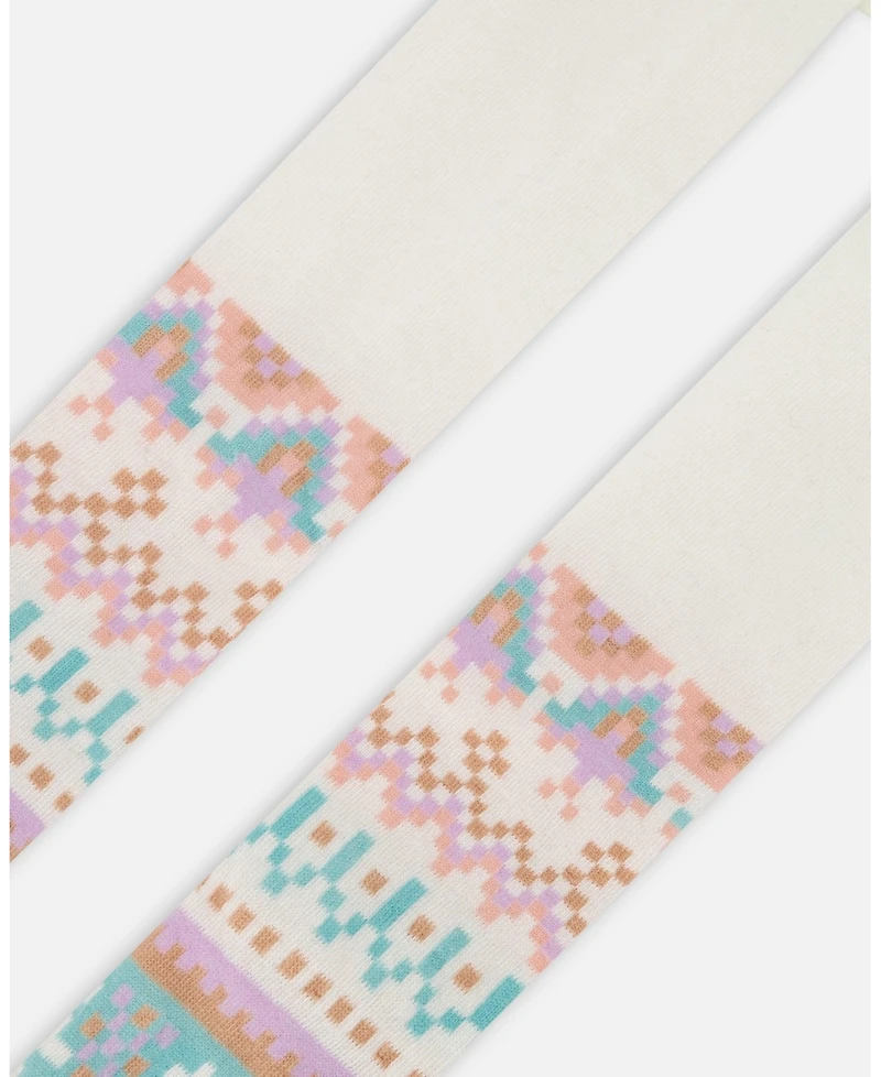 Deux par Girl Knit Tights White Pink and Turquoise with Norwegian Jacquard - Toddler|Child