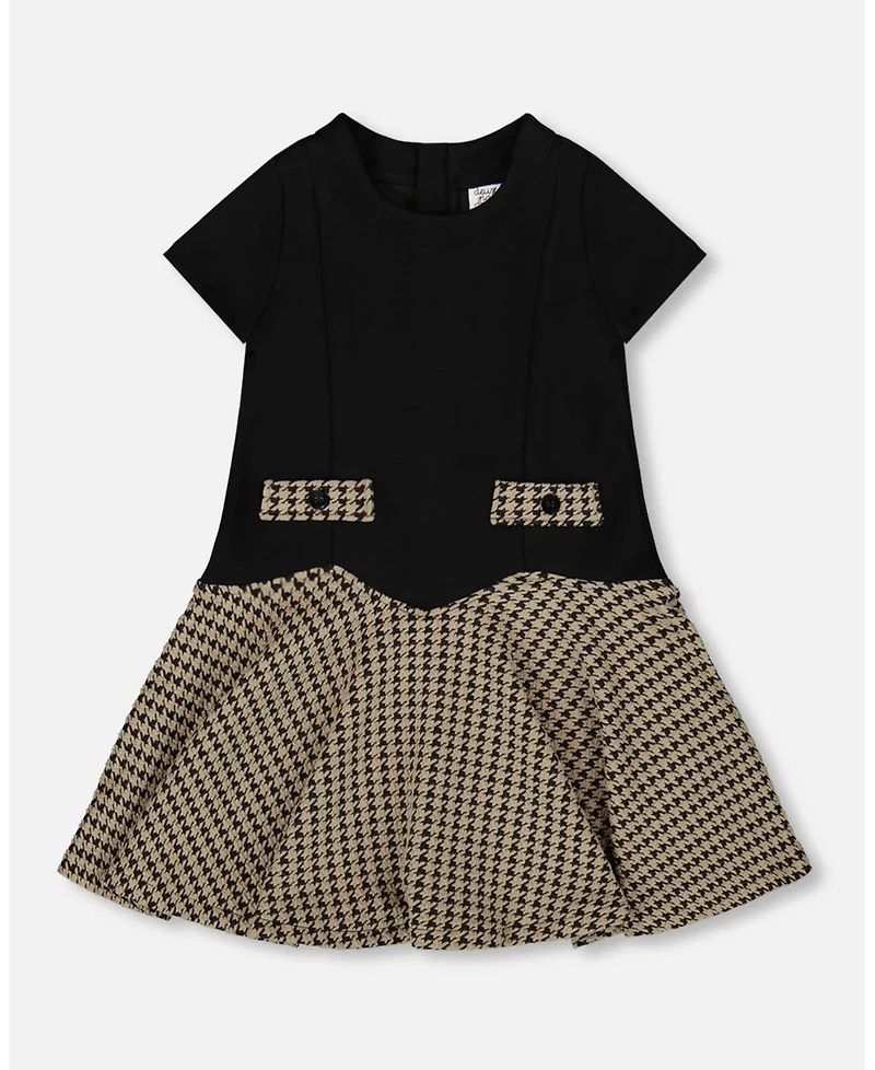 Deux par Deux Girl Short Sleeve Bi-Material Milano and Jacquard Knit Dress Black - Toddler|Child