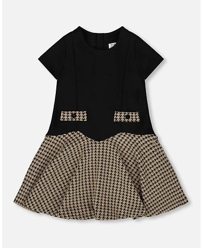 Deux par Deux Girl Short Sleeve Bi-Material Milano and Jacquard Knit Dress Black - Toddler|Child