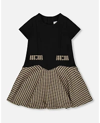 Deux par Deux Girl Short Sleeve Bi-Material Milano and Jacquard Knit Dress Black - Toddler|Child
