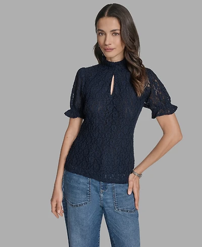 Bcbg Women's Short Sleeve Lace Ruffle Top