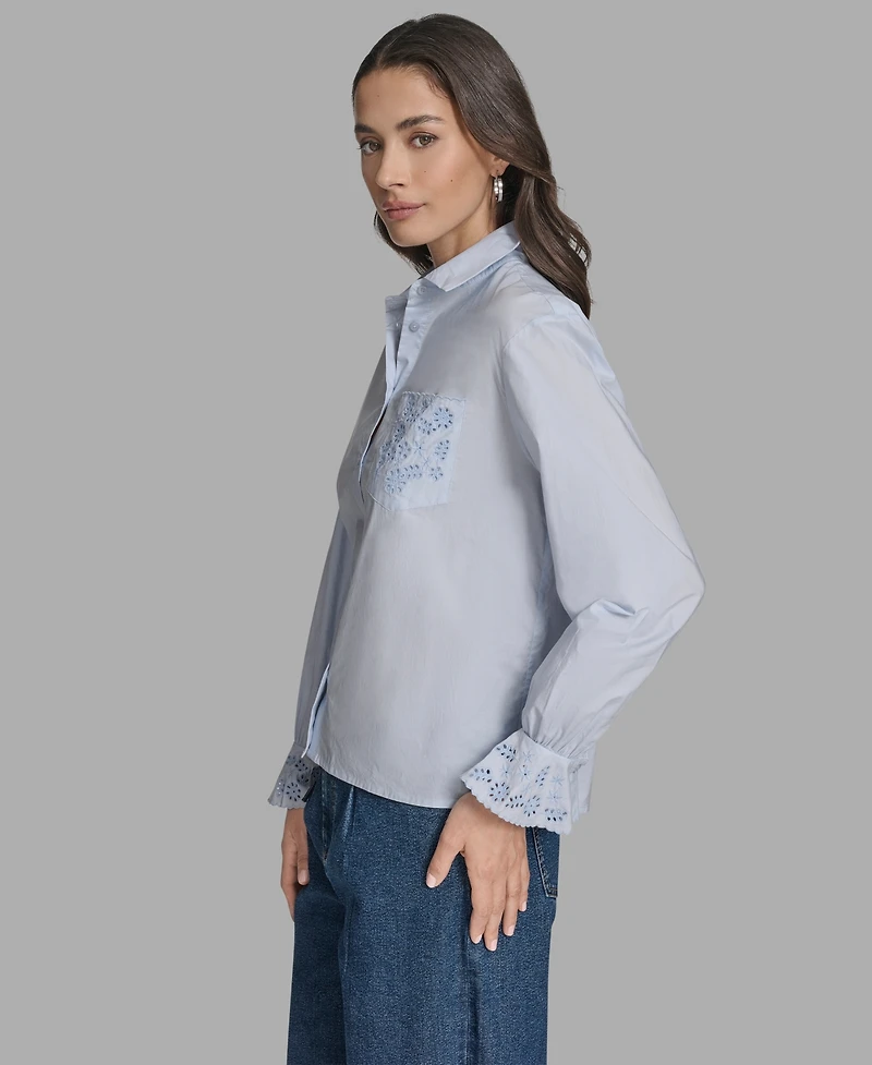 Bcbg Women's Long Sleeve Button-Up Embroidered Top