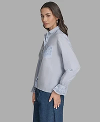 Bcbg Women's Long Sleeve Button-Up Embroidered Top