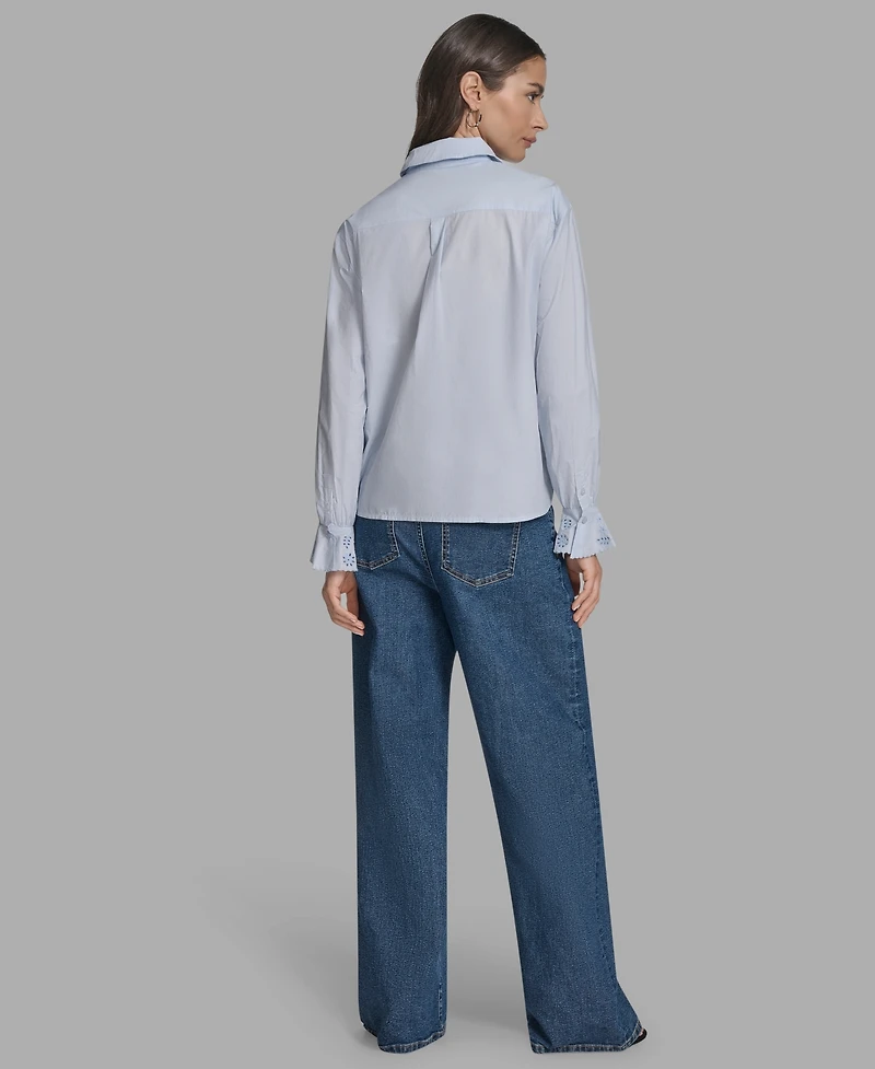 Bcbg Women's Long Sleeve Button-Up Embroidered Top