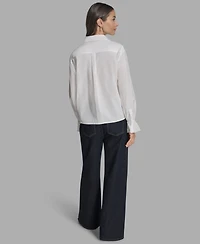 Bcbg Women's Long Sleeve Button-Up Embroidered Top