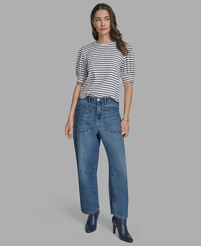 Bcbg Women's Knee Seam Patch Pocket Barrell-Leg Jeans