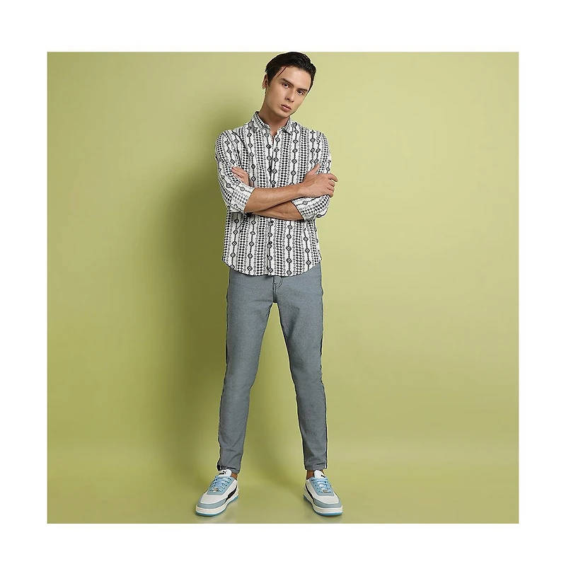 Campus Sutra Men's Black & Grey Geometric Aztec Print Shirt