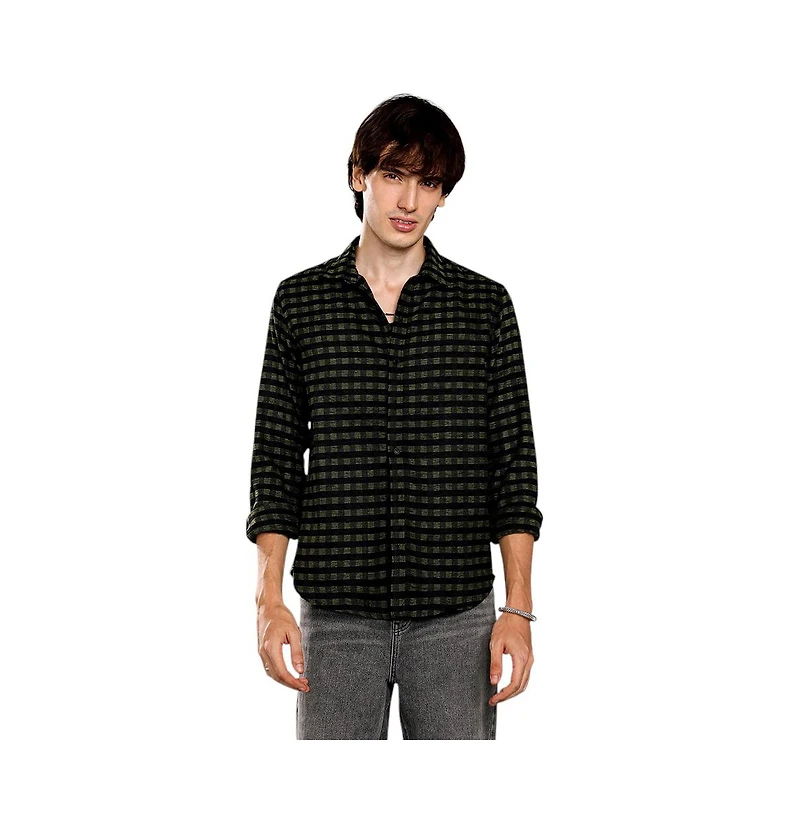 Campus Sutra Men's Seaweed Green & Charcoal Black Gingham Shirt