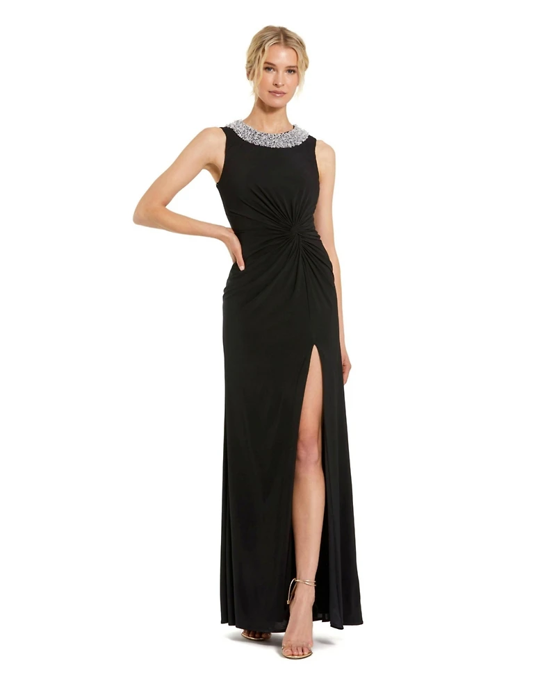 Mac Duggal Women's Jersey Sleeveless Beaded Neck Gown With Twist