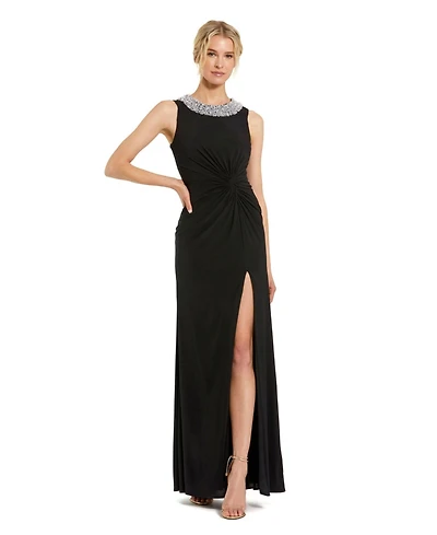 Mac Duggal Women's Jersey Sleeveless Beaded Neck Gown With Twist
