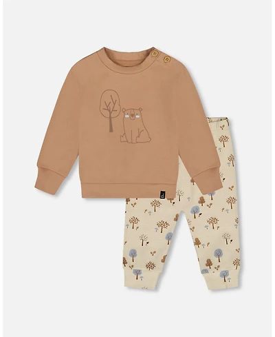 Deux par Baby Boy Cotton Pant and Top Set Beige Tree Print