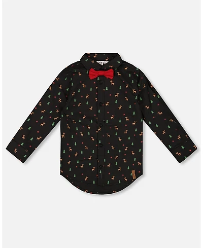 Deux par Boy Printed Poplin Shirt Black and Multicolor with Bow Tie - Toddler|Child