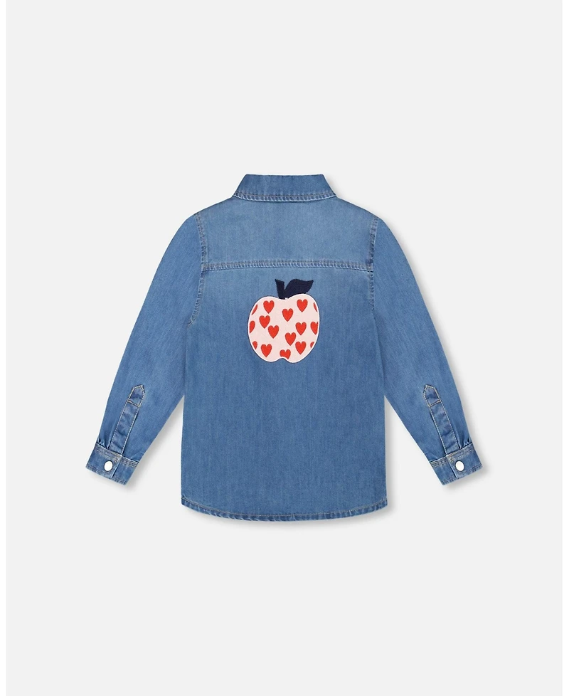 Deux par Toddler Girls Denim Shirt Light Blue with Patch Pockets and Apple - Toddler|Child