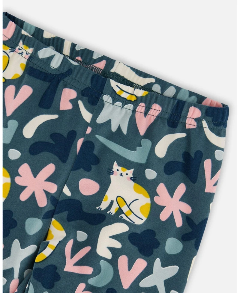 Deux par Girl Stretch Jersey Leggings Green Cat Print