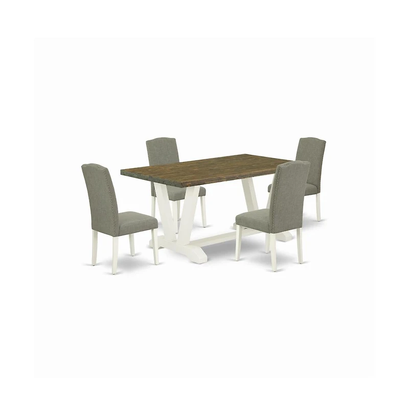 East West Furniture 5-Piece Beautiful Rectangular Table Set a Good Distressed Jacobean Rectangular Dining Table Top and 4 Beautiful Linen Fabric Parso