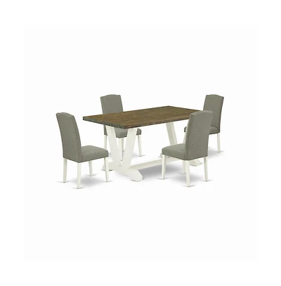 East West Furniture 5-Piece Beautiful Rectangular Table Set a Good Distressed Jacobean Rectangular Dining Table Top and 4 Beautiful Linen Fabric Parso