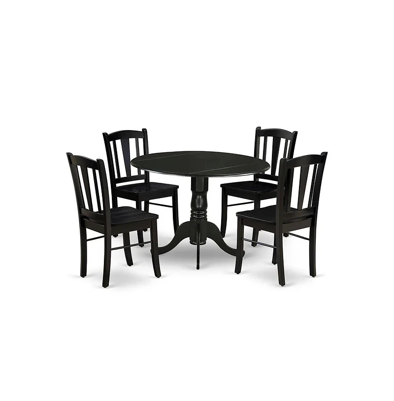 East West Furniture 5-Pc Dining Room Set - 4 dining room chairs and 1 Drops Leaf Kitchen Table - Black Finish