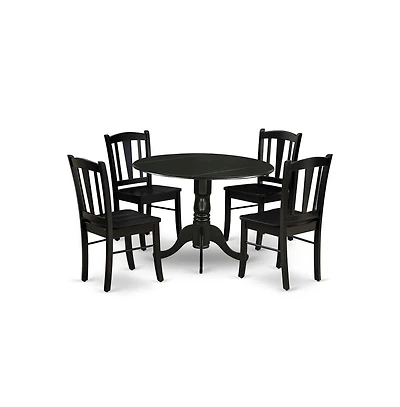 East West Furniture 5-Pc Dining Room Set - 4 dining room chairs and 1 Drops Leaf Kitchen Table - Black Finish