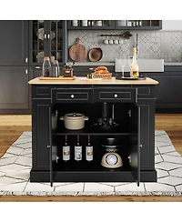 Gymax Large Kitchen Island Drop Leaf Breakfast Bar w/ Wood Top Shelves Drawers