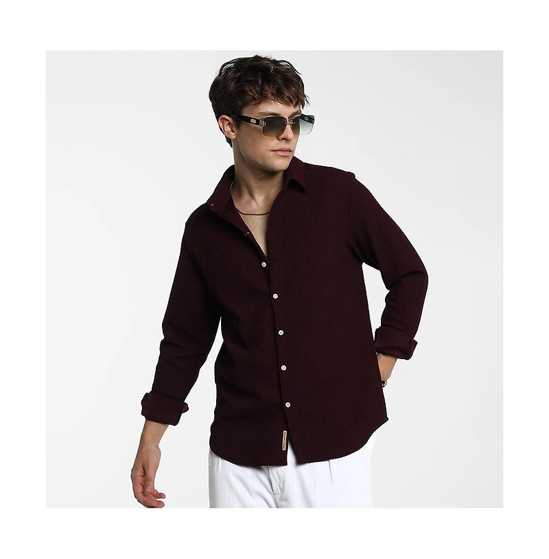 Campus Sutra Men's Maroon Red Stripe-Creased Shirt