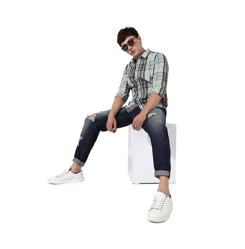 Campus Sutra Men's Sage Green Tartan Plaid Shirt