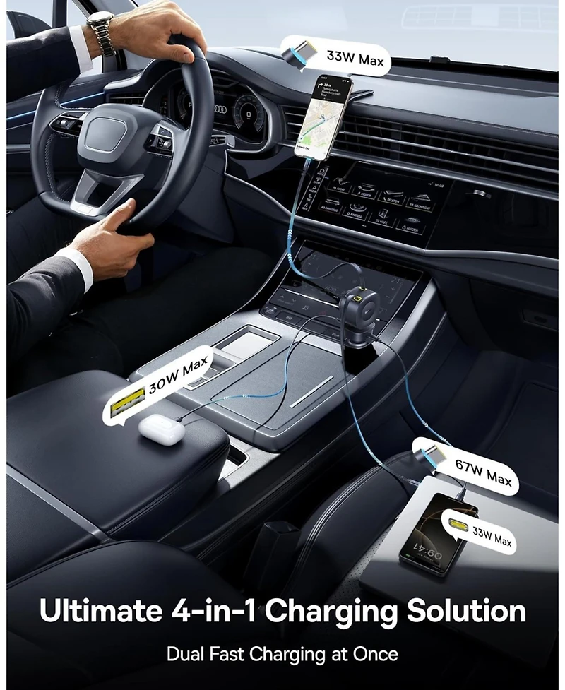 Baseus 163W Retractable Car Charger Usb C Fast Charging, PrimeTrip VR2 Max 4 in 1 Car Charger with Dual Usb C Cable