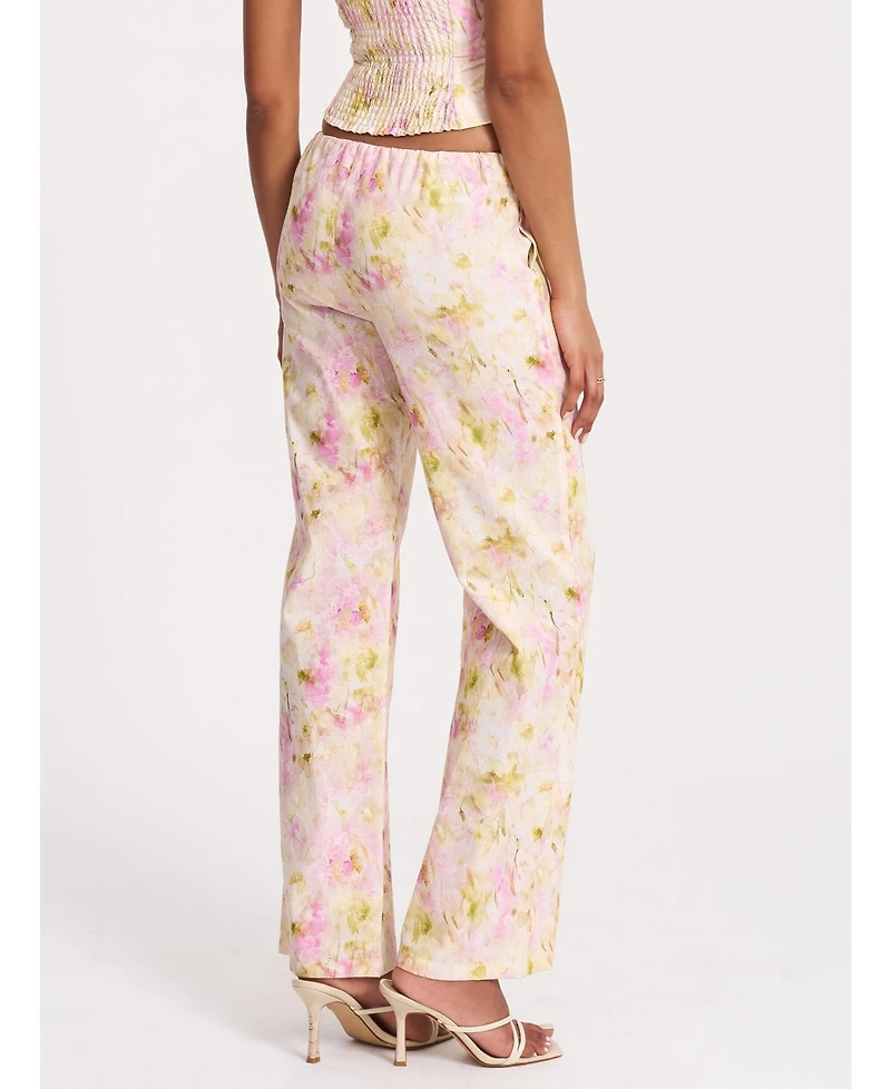 Miss Circle Women's Laureen Pink Floral Print Linen Straight Pants