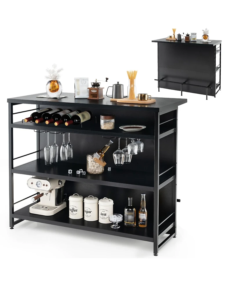 Gymax Industrial Kitchen Island Bar Table 4-Tier Storage Shelf Wine Rack Glass Holders