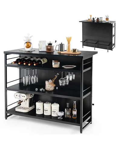 Gymax Industrial Kitchen Island Bar Table 4-Tier Storage Shelf Wine Rack Glass Holders