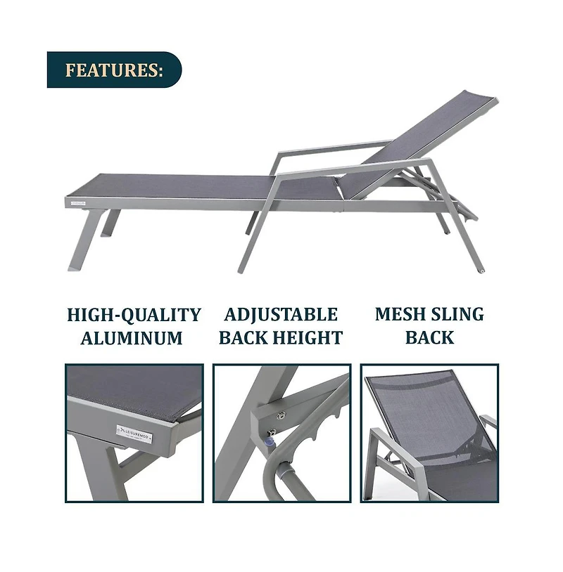 LeisureMod Aluminum Outdoor Patio Chaise Lounge Chair With Arms