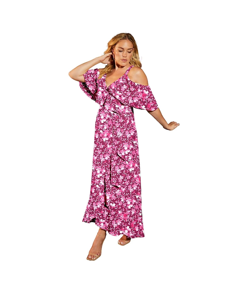 June + Vie Women's Cold-Shoulder Faux-Wrap Maxi Dress