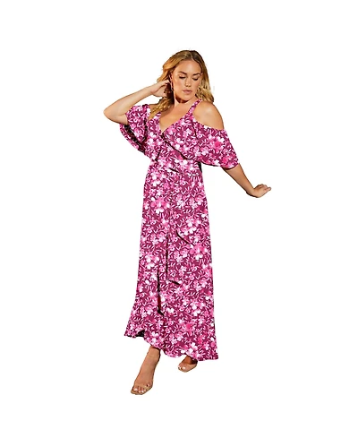 June + Vie Women's Cold-Shoulder Faux-Wrap Maxi Dress