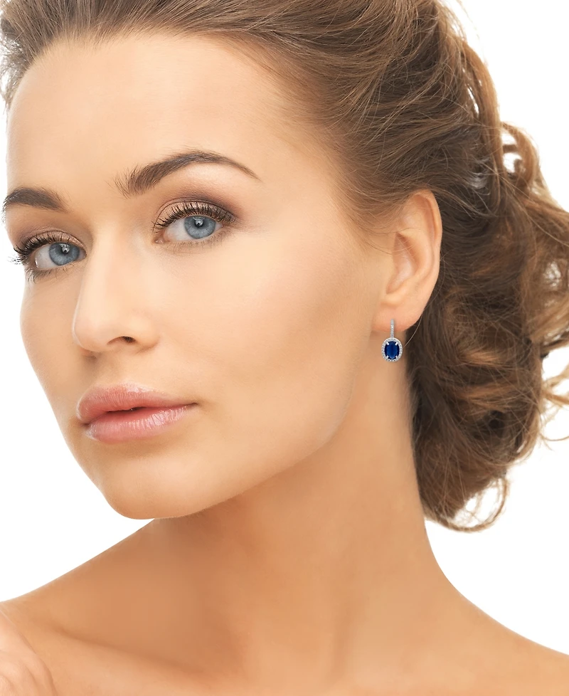 Macy's Lab Grown Blue Sapphire (6-1/3 ct. t.w.) & Lab Grown White Sapphire (1/2 ct. t.w.) Halo Oval Leverback Earrings in Sterling Silver