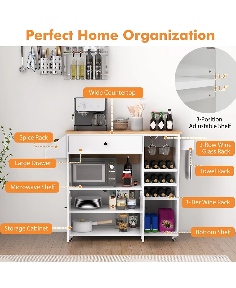 Gymax Kitchen Island Cart w/ Drop-Leaf & Power Outlet Microwave Shelf Wine Rack Drawer