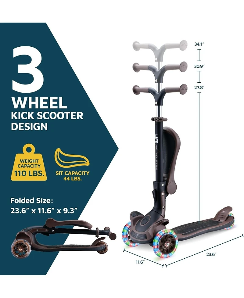 3 Wheel Scooter for Kids with Foldable Seat, Adjustable Handlebar Height, Lean-to-Steer Ride On Toy for Kids Ages 2+, Light-Up Led Wheels, Wide Anti S