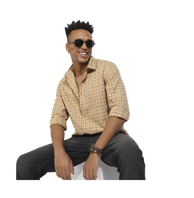 Campus Sutra Men's Beige Contrast Tartan Plaid Shirt