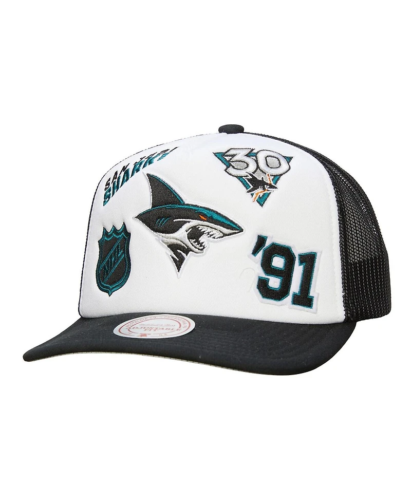 Mitchell & Ness Men's White/Black San Jose Sharks Gridlock Trucker Adjustable Hat