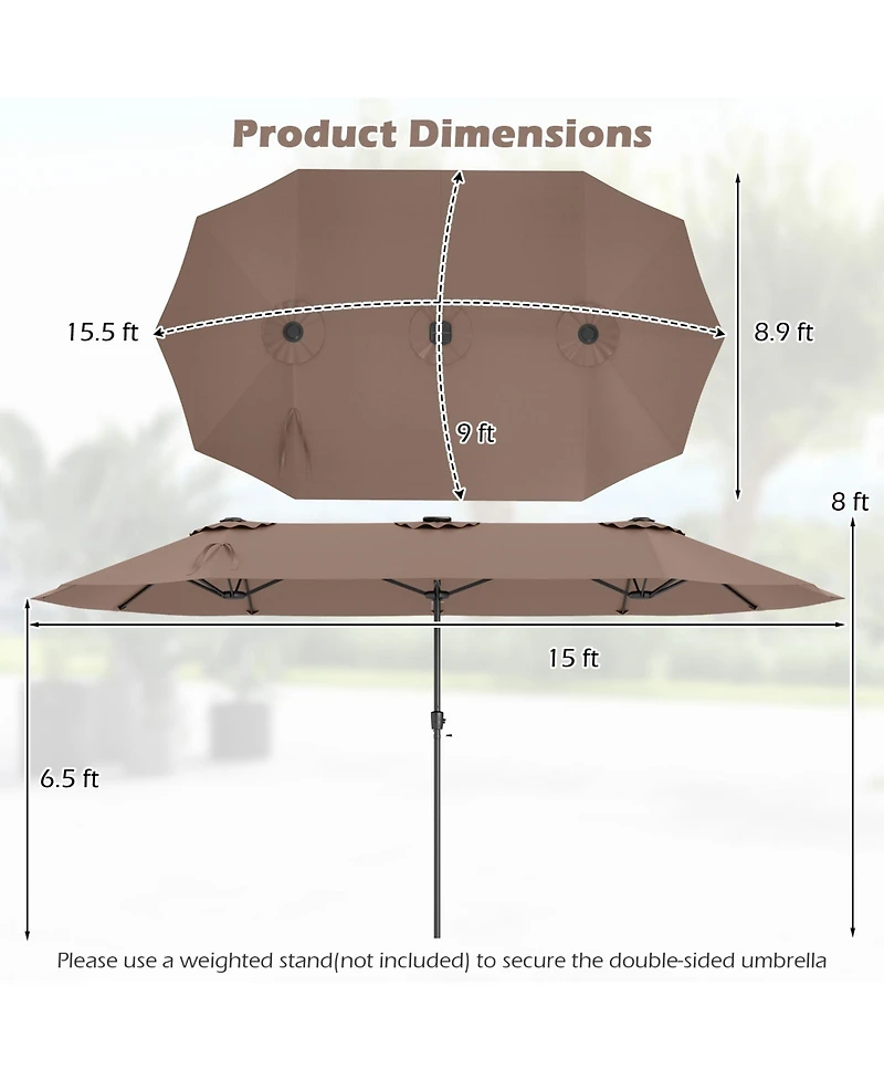 Gymax 15.5 Ft Double-sided Patio Umbrella w/ Solar Lights Outdoor Twin
