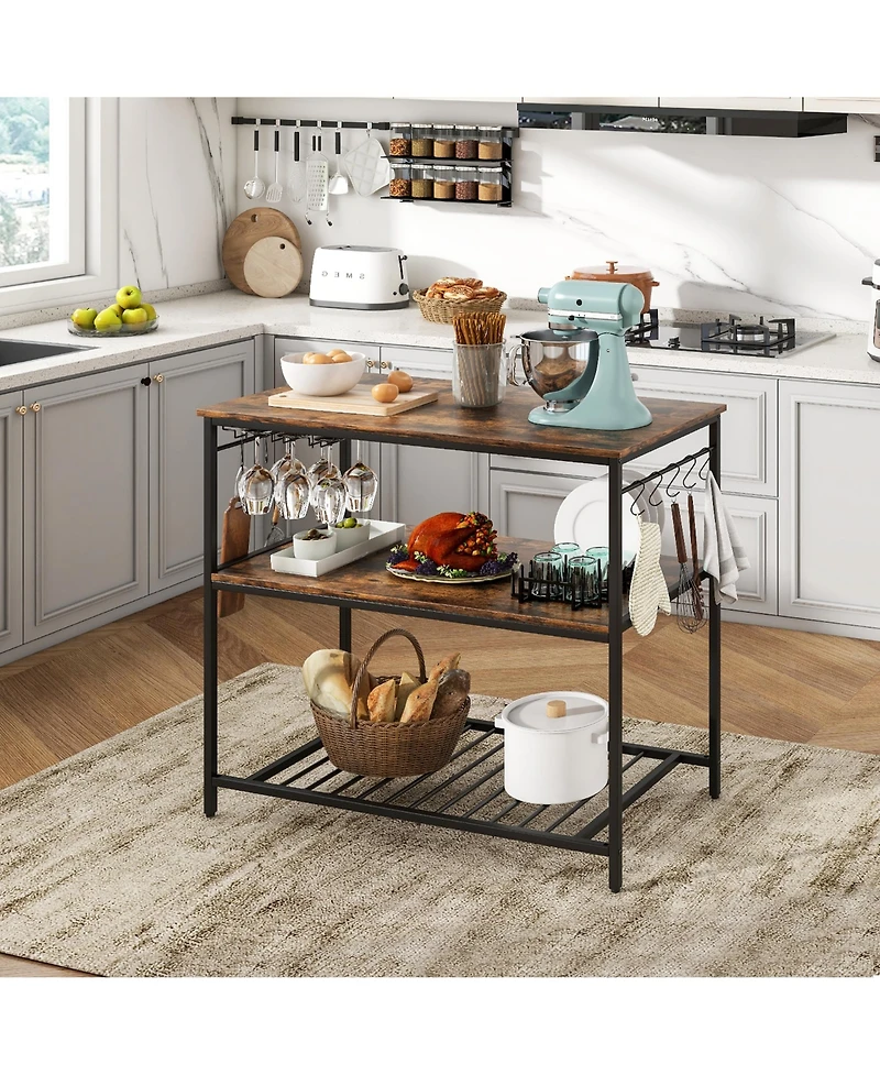 Gymax Kitchen Island 3-Tier Prep Table with Wine Glass Holders Large Worktop