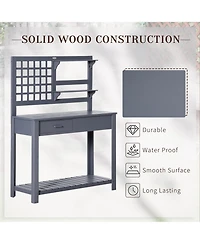 Outsunny Potting Bench Table Workstation w/ Tiers of Shelves and Drawer,