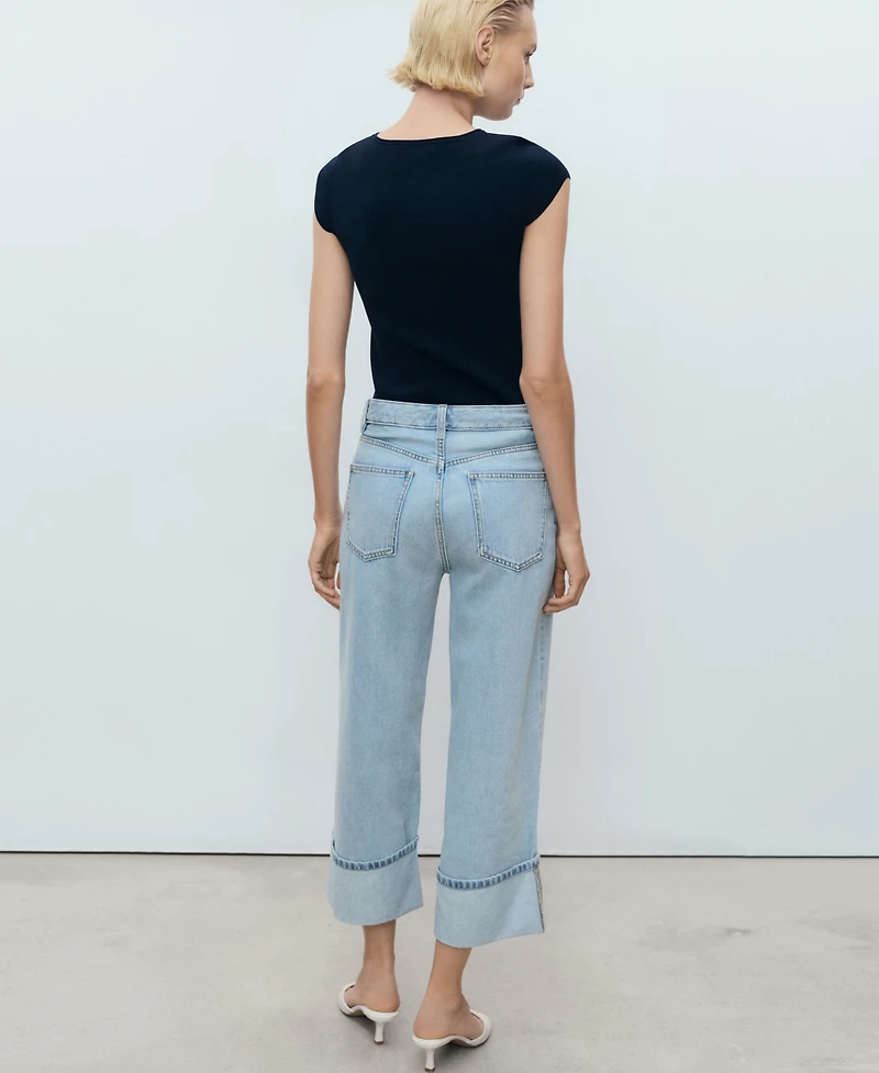 Mango Women's Turned-Up Hem Wide Leg Cropped Jeans