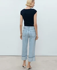 Mango Women's Turned-Up Hem Wide Leg Cropped Jeans