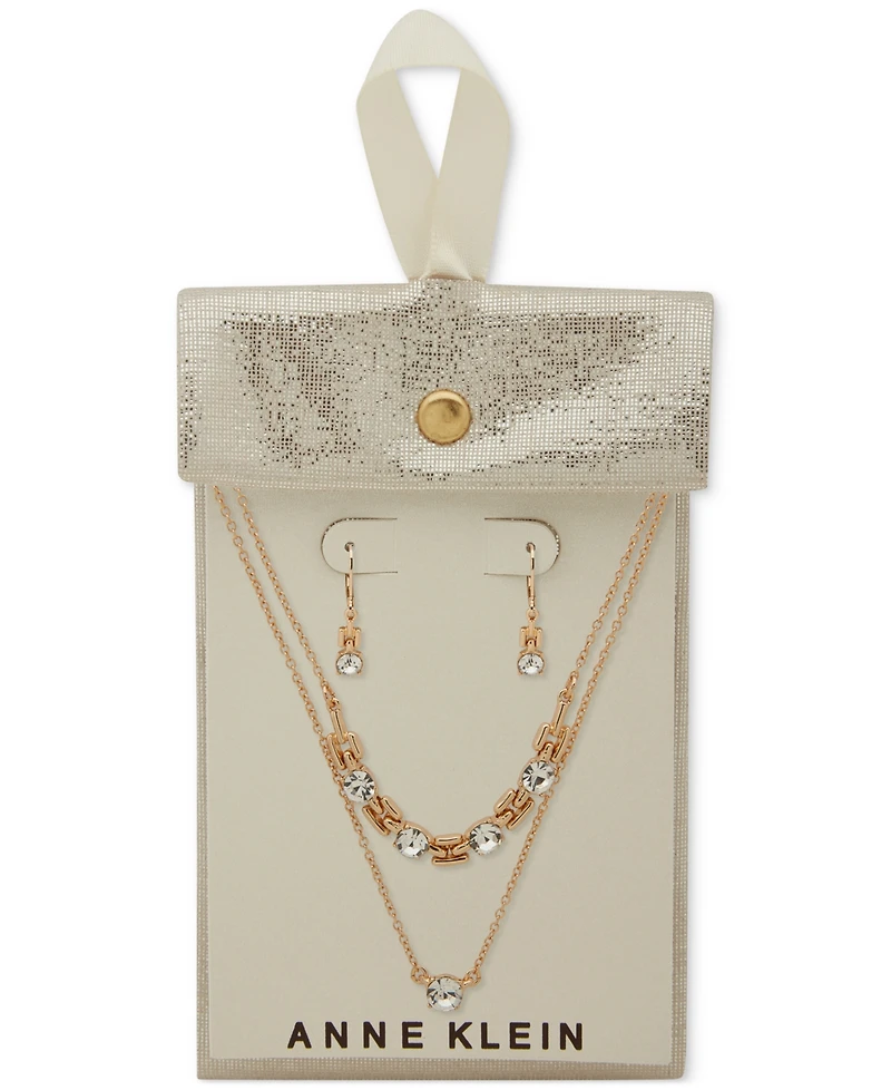 Anne Klein Crystal Drop Earrings & Two-Row Necklace, 16" + 3" extender