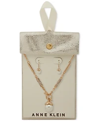 Anne Klein Gold-Tone Imitation Pearl Drop Earrings & Toggle Pendant Necklace