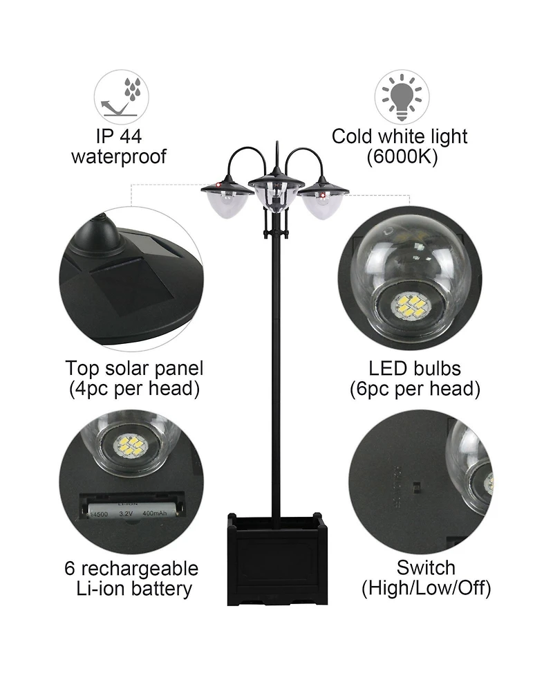 Outsunny 3-head Solar Lamp Post with Planter, Outdoor Led Lighting,