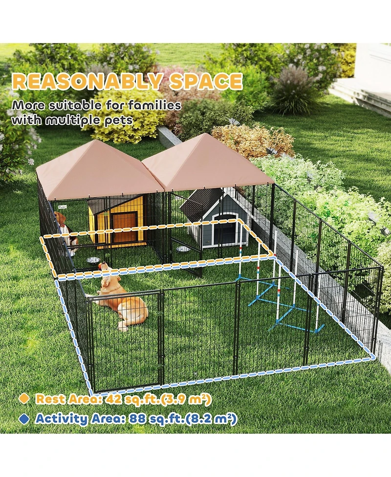 PawHut Dog Kennel Outdoor with Rotating & Adjustable Height Bowls, 2 Rooms