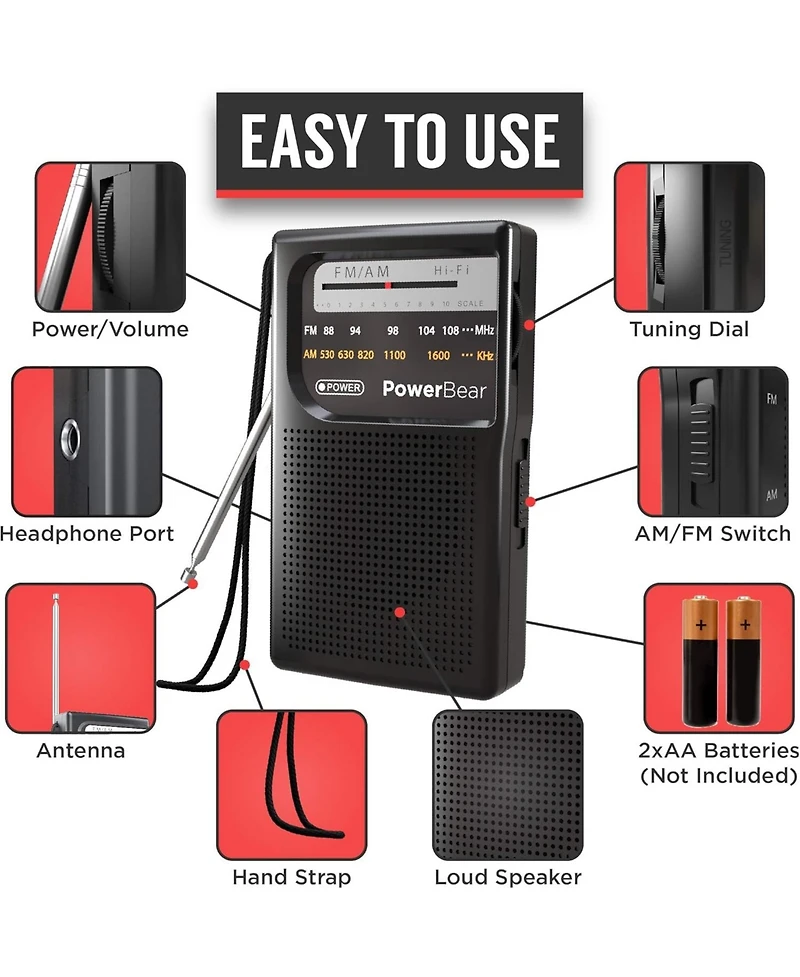 PowerBear Portable Radio: Am/Fm, Long Range, Battery Operated