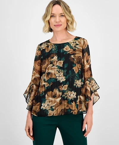 Kasper Women's Printed 3/4 Ruffle-Sleeve Blouse, Regular & Petite