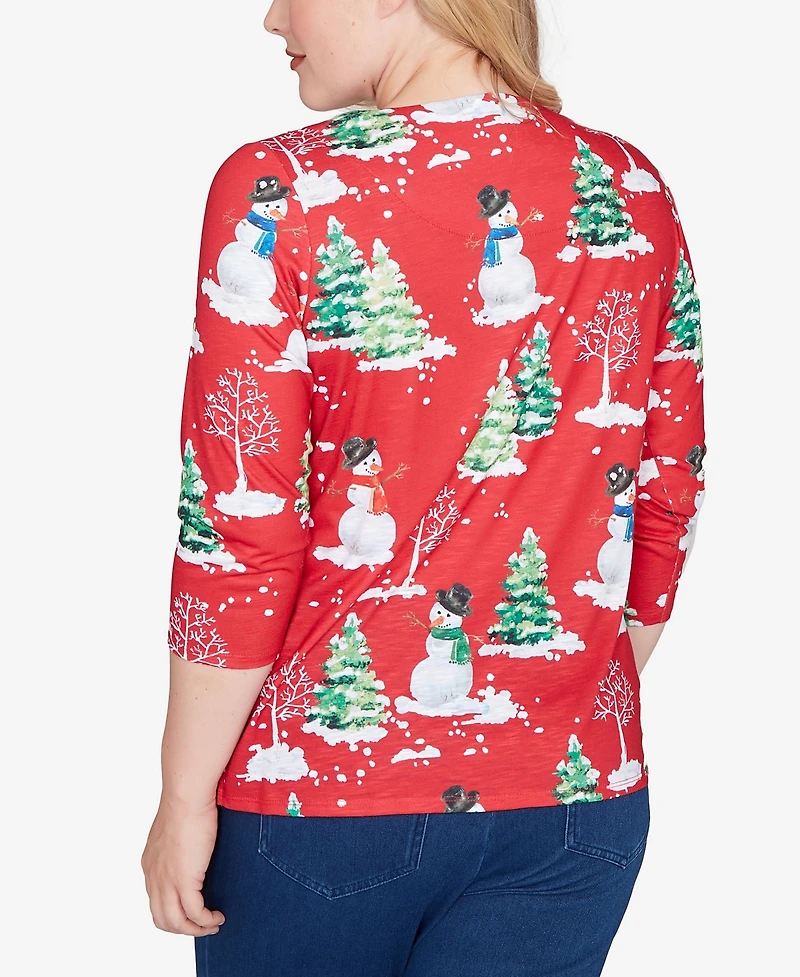 Alfred Dunner Women's Classic Snowmen Printed Crew Neck Top