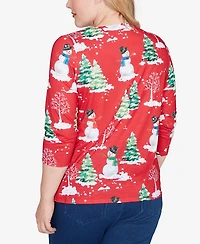 Alfred Dunner Women's Classic Snowmen Printed Crew Neck Top
